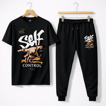 Men Black Printed Tracksuit Self Control 1980 For Men