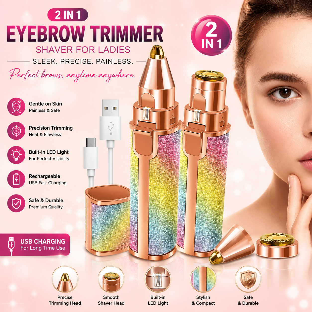 2 in 1 Eyebrow Trimmer & Facial Hair Remover | Rechargeable | Imported